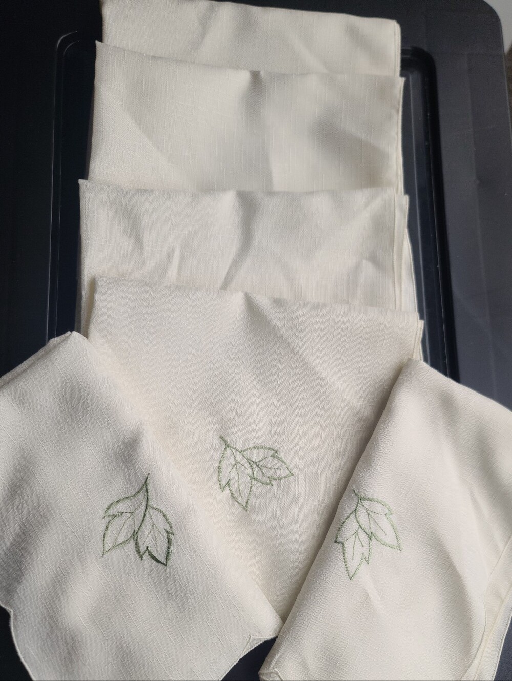 Embroidered Ivory Linen Napkins with Green Leaf Motif